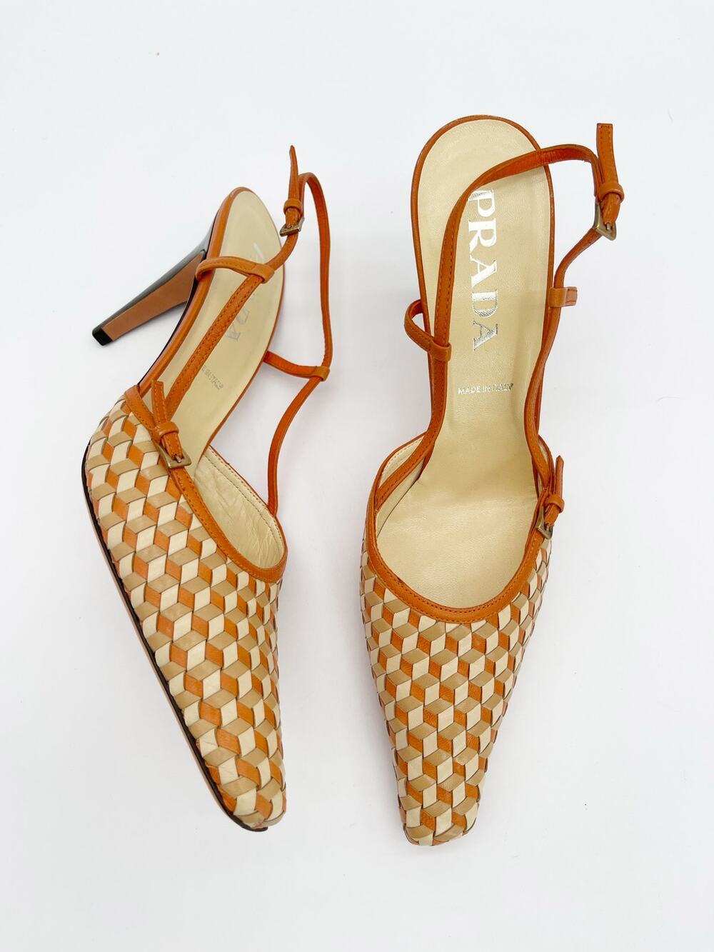 Prada Vintage Retro Orange Cream Woven Leather Slingback Pointed Toe Heels IT 40